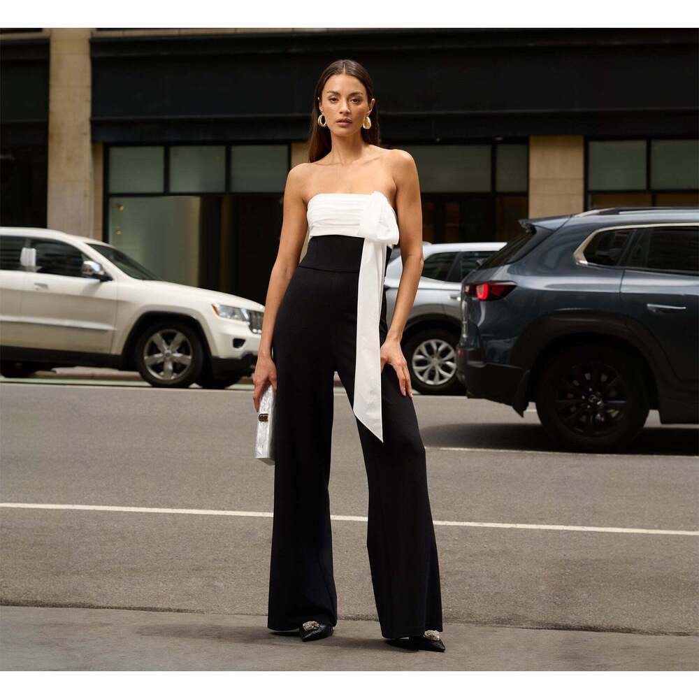 NWT - Adrianna Papell Colorblock Crepe Strapless Jumpsuit With Bow Accent